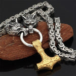 Metallic Wolf Pendant Necklace with Thor Hammer Charm - Dotisk