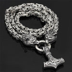 Metallic Wolf Pendant Necklace with Thor Hammer Charm
