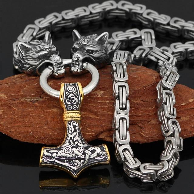 Metallic Wolf Pendant Necklace with Thor Hammer Charm