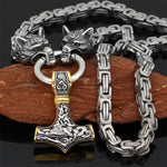 Metallic Wolf Pendant Necklace with Thor Hammer Charm