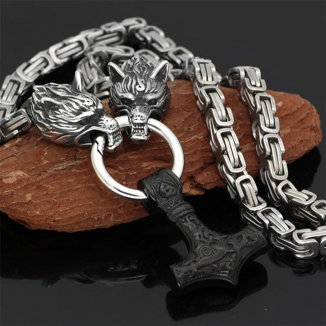 Metallic Wolf Pendant Necklace with Thor Hammer Charm