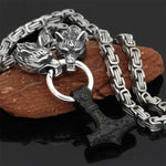 Metallic Wolf Pendant Necklace with Thor Hammer Charm