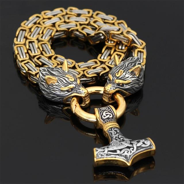 Metallic Wolf Pendant Necklace with Thor Hammer Charm