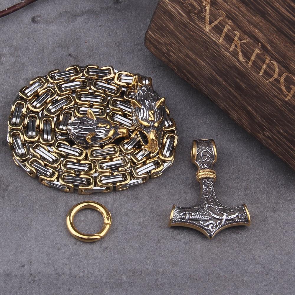 Metallic Wolf Pendant Necklace with Thor Hammer Charm