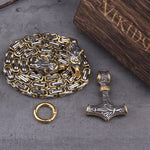 Metallic Wolf Pendant Necklace with Thor Hammer Charm