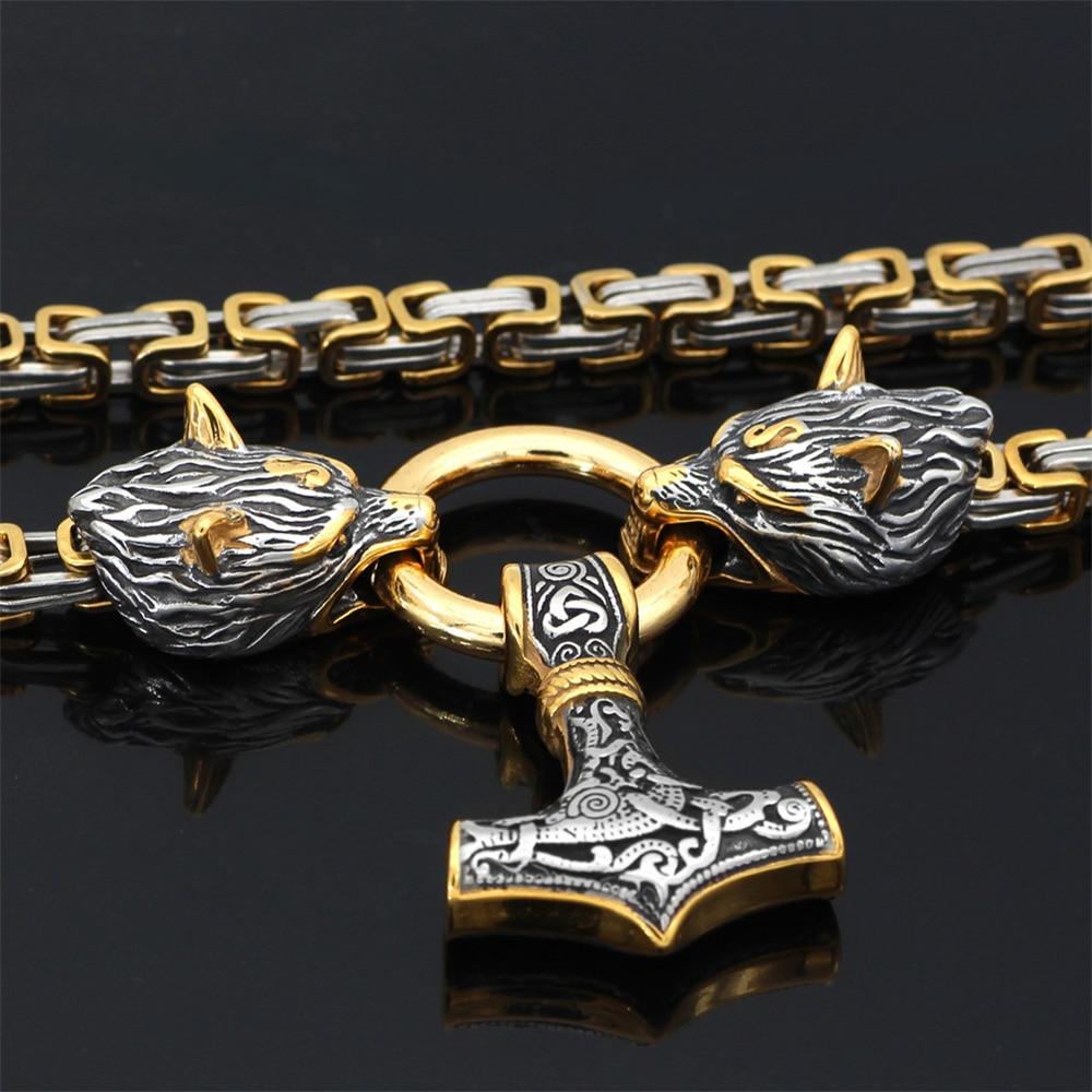 Metallic Wolf Pendant Necklace with Thor Hammer Charm