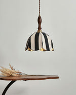 Hanging Ceiling Light with Tulip-Style Striped Shade 7.9 in Diameter Adjustable Wood Accent for Kitchen Dining Room Reading Nook Breakfast