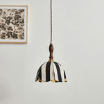 Hanging Ceiling Light with Tulip-Style Striped Shade 7.9 in Diameter Adjustable Wood Accent for Kitchen Dining Room Reading Nook Breakfast