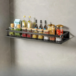 Metal Wall Shelf Organizer with Hooks Black 20 inch for Spices Utensils Towels Kitchen Storage Rack Countertop Space Saver