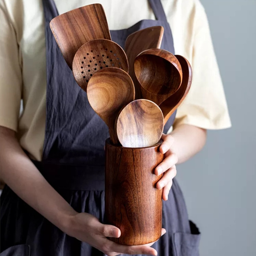 Natural Wood Kitchen Utensil Set with Teak Handle - Dotisk