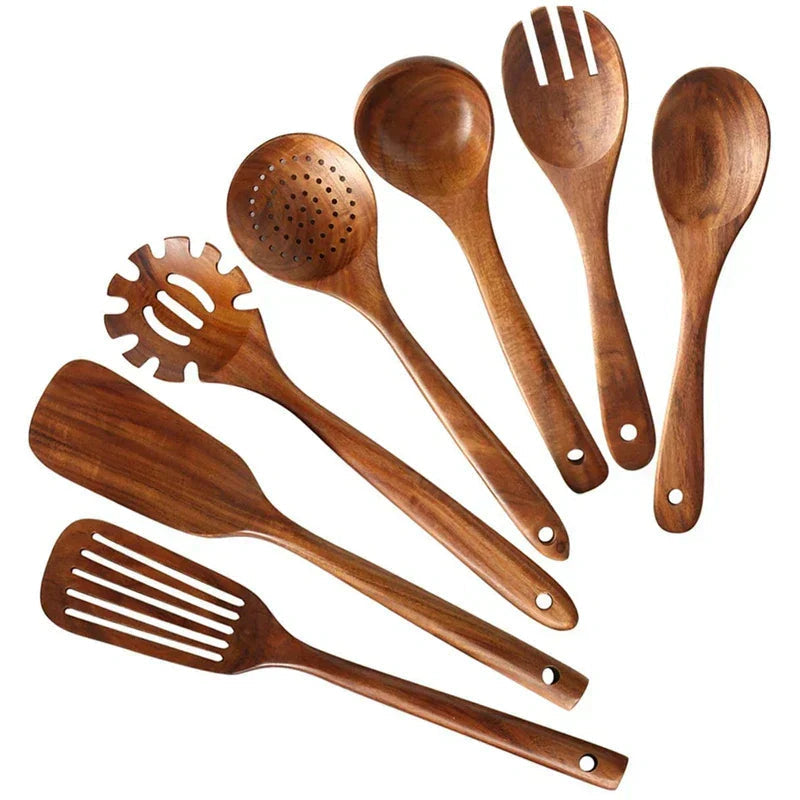Natural Wood Kitchen Utensil Set with Teak Handle
