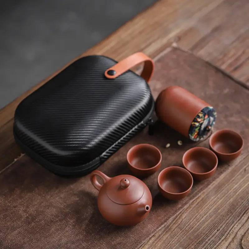 Ceramic Teapot Set with Travel Case 5.6 oz Pot Four Cups Portable Carrier for Camping Outdoor Picnics Office Breaks Gongfu Tea Ceremony Kung