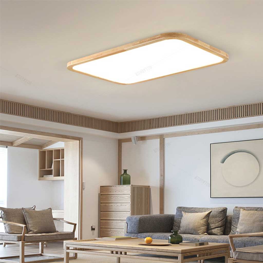 Rectangle LED Overhead Light 47×32 Inch Wood Frame Dimmable Remote 3-Color Temperature Dining Room Bedroom Hall Low Profile Fixture Modern S
