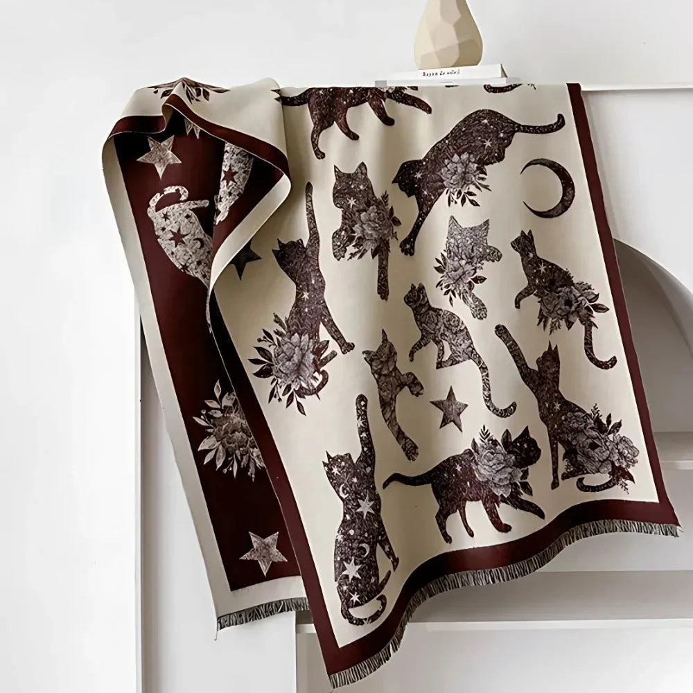 Viora Cat Print Scarf - Soft Microfiber, Vintage-Inspired Warmth