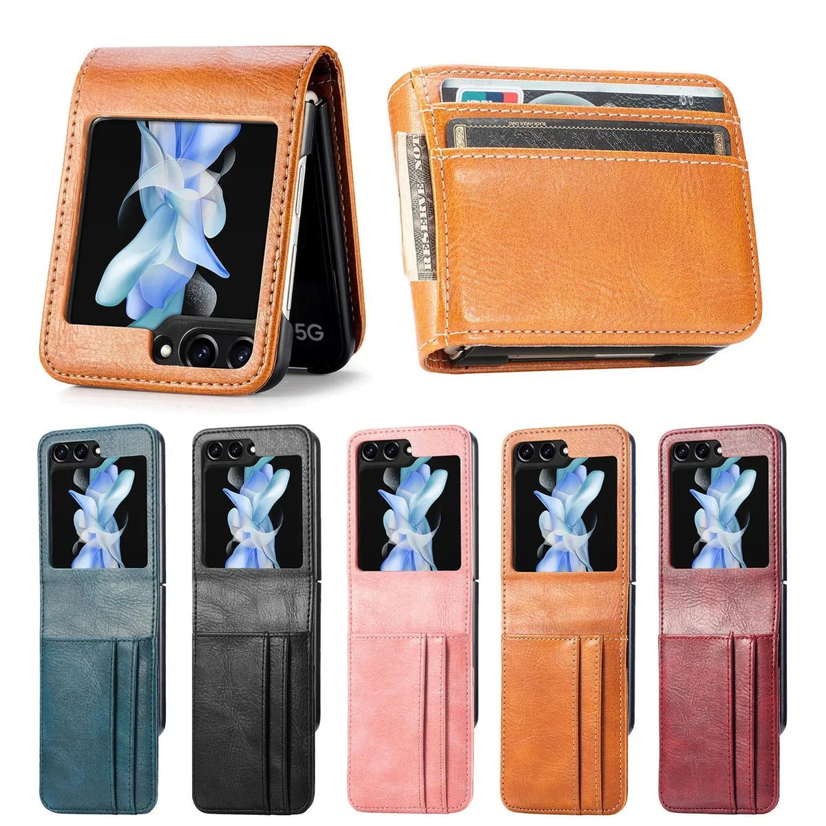 Samsung Galaxy Z Flip Card Holder Case Premium PU Leather Wallet Protection Cover for Flip 3 4 5 6 7 8 with Multiple Card Slots
