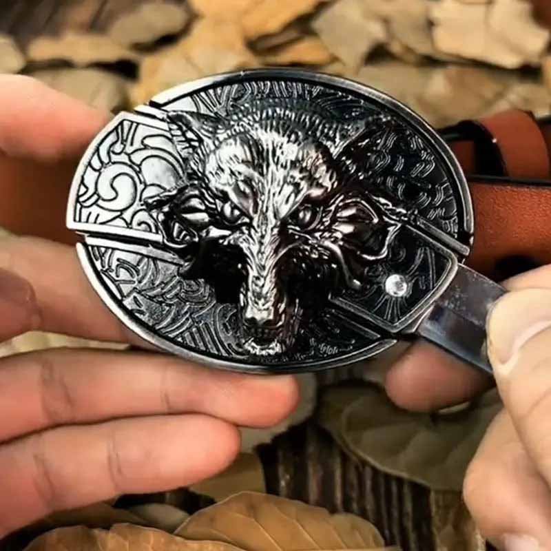 Oval Bull Skull Belt Buckle with Hidden Knife