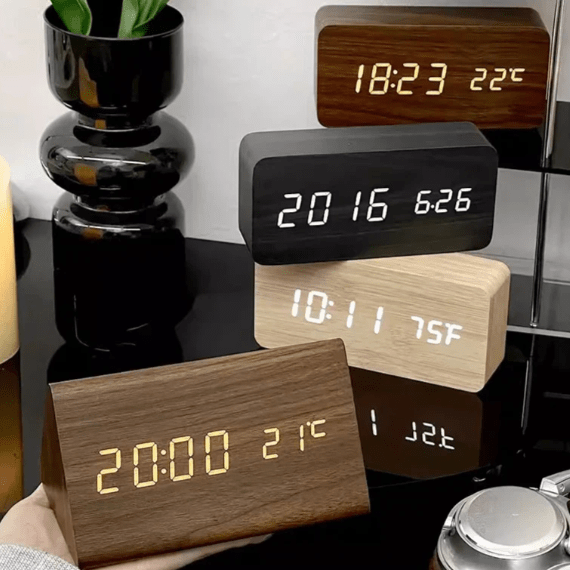 WoodSense | LED Wooden Clock with Voice Control & Adjustable Brightness | Elegant Time Display for Any Room