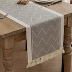Fringed Woven Runner for Dining Tables – Zigzag Textured Microfiber Protection with Sandstone Tones – Coffee Table Accent for Modern and Min