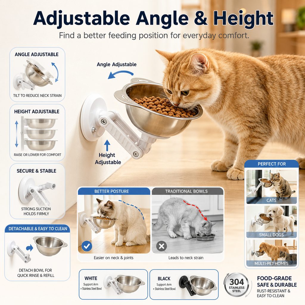 Dotisk No-Drill Wall-Mounted Pet Bowl for Small Dogs & Cats - Elevated Feeding for Cleaner Floors