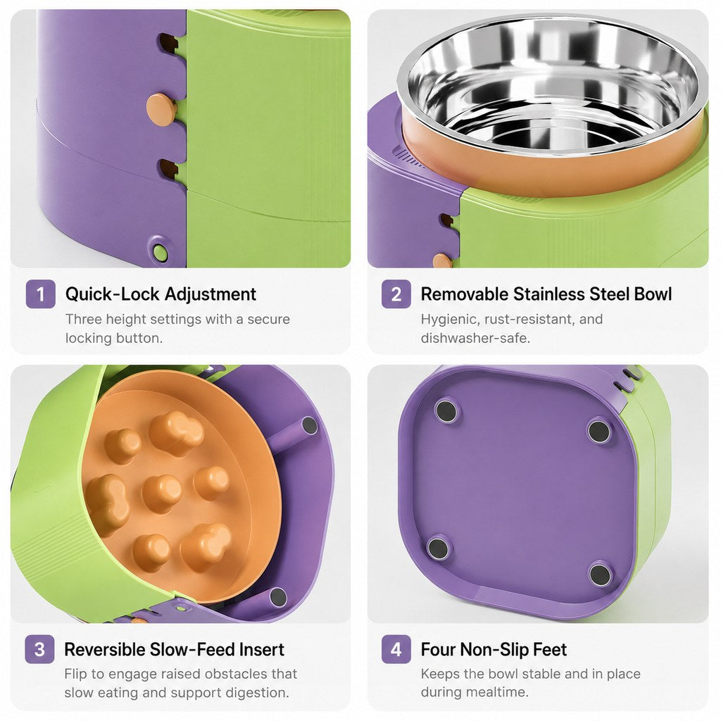 Dotisk 3-Level Adjustable Elevated Slow Feeder Bowl for Cats & Small Dogs - Stainless Steel Mealtime Bowl for Fast Eaters