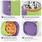Dotisk 3-Level Adjustable Elevated Slow Feeder Bowl for Cats & Small Dogs - Stainless Steel Mealtime Bowl for Fast Eaters