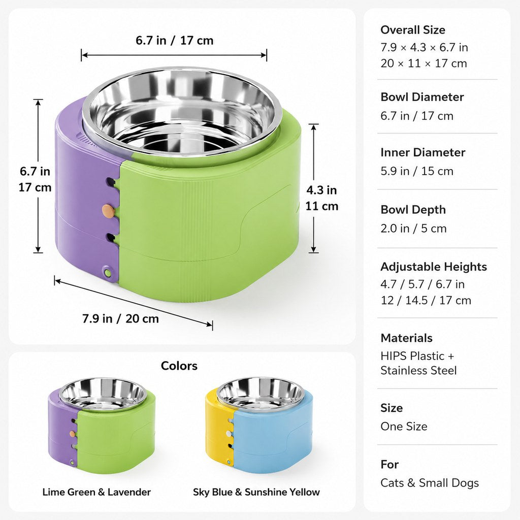Dotisk 3-Level Adjustable Elevated Slow Feeder Bowl for Cats & Small Dogs - Stainless Steel Mealtime Bowl for Fast Eaters