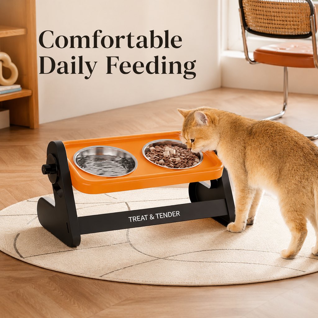Dotisk Adjustable Elevated Stainless Steel Pet Bowls for Cats & Small Dogs - Tilted Feeding Station for Easier Mealtime & Less Floor Mess