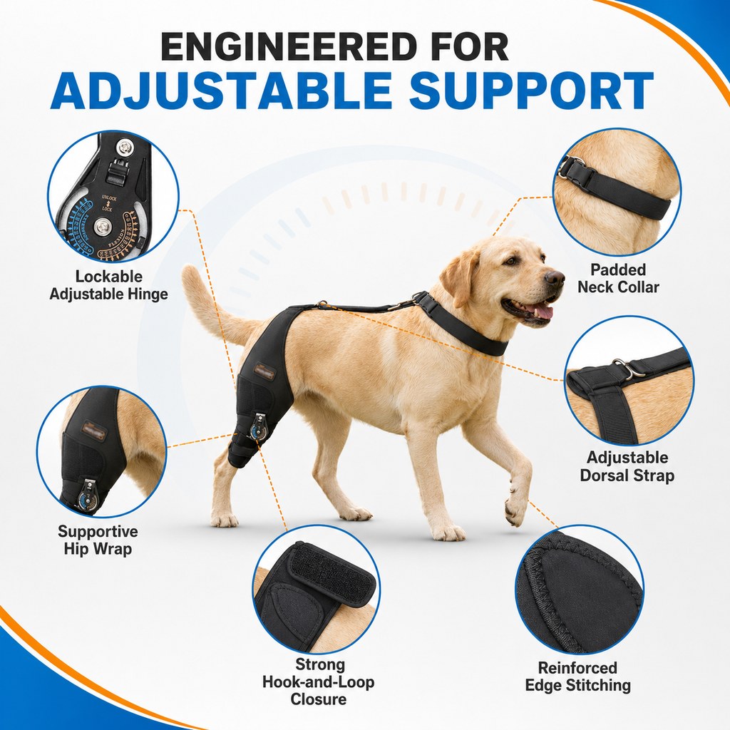 Dotisk Adjustable Hinged Dog Knee Brace for Daily Walks - Rear Leg Support for Unsteady Steps