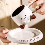 Ceramic Mug and Saucer Set 8.5 oz White with Hand-Painted Smile for Coffee Tea Latte Hot Chocolate Kitchen Gift for Coffee Lovers