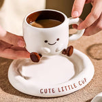Ceramic Mug and Saucer Set 8.5 oz White with Hand-Painted Smile for Coffee Tea Latte Hot Chocolate Kitchen Gift for Coffee Lovers