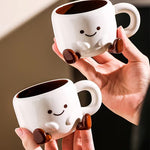 Ceramic Mug and Saucer Set 8.5 oz White with Hand-Painted Smile for Coffee Tea Latte Hot Chocolate Kitchen Gift for Coffee Lovers