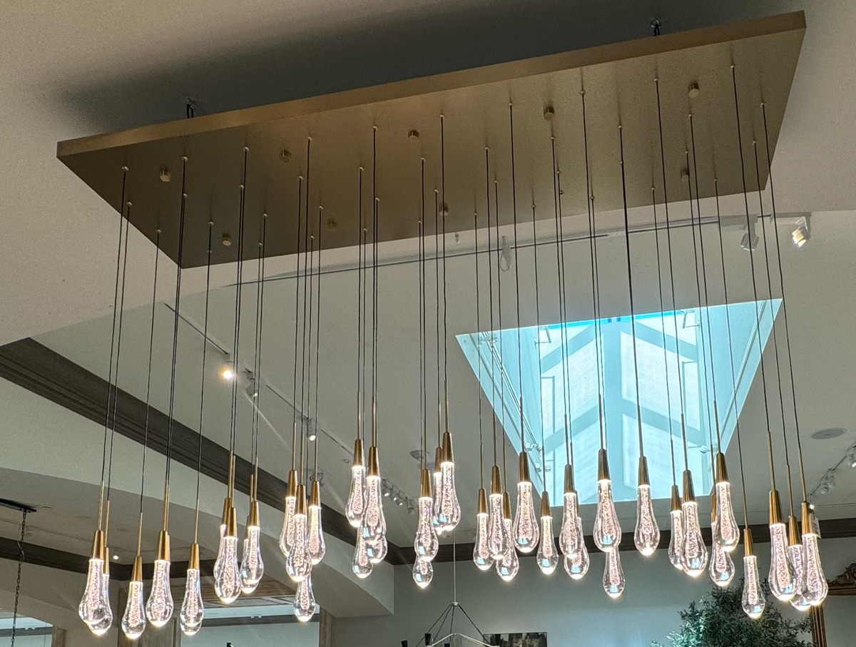 Cascading Raindrop Linear LED Chandelier – Textured Glass Orbs, Adjustable Height, Vaulted Ceiling Ready – 37 to 120 Inch Options