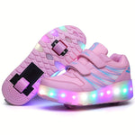 Kids Light-Up Wheeled Shoes with Removable Rollers LED Sneakers Hook-and-Loop Strap Pink Faux Leather for Boys Girls Active Play