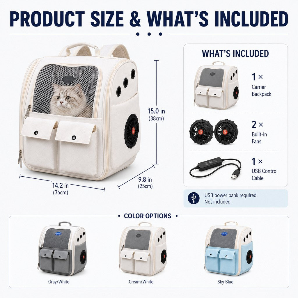 Dotisk USB-Powered Dual-Fan Cat Carrier Backpack for Vet Visits & Everyday Travel - Fan-Assisted Cooling for Less-Stuffy Trips