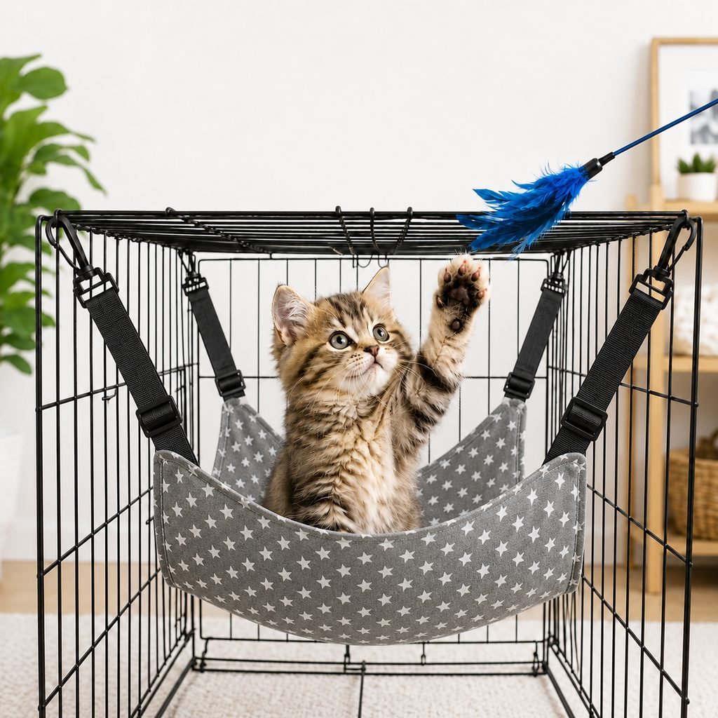 Dotisk Reversible Cat Cage Hammock with Adjustable Straps - Space-Saving Hanging Bed for Wire Crates