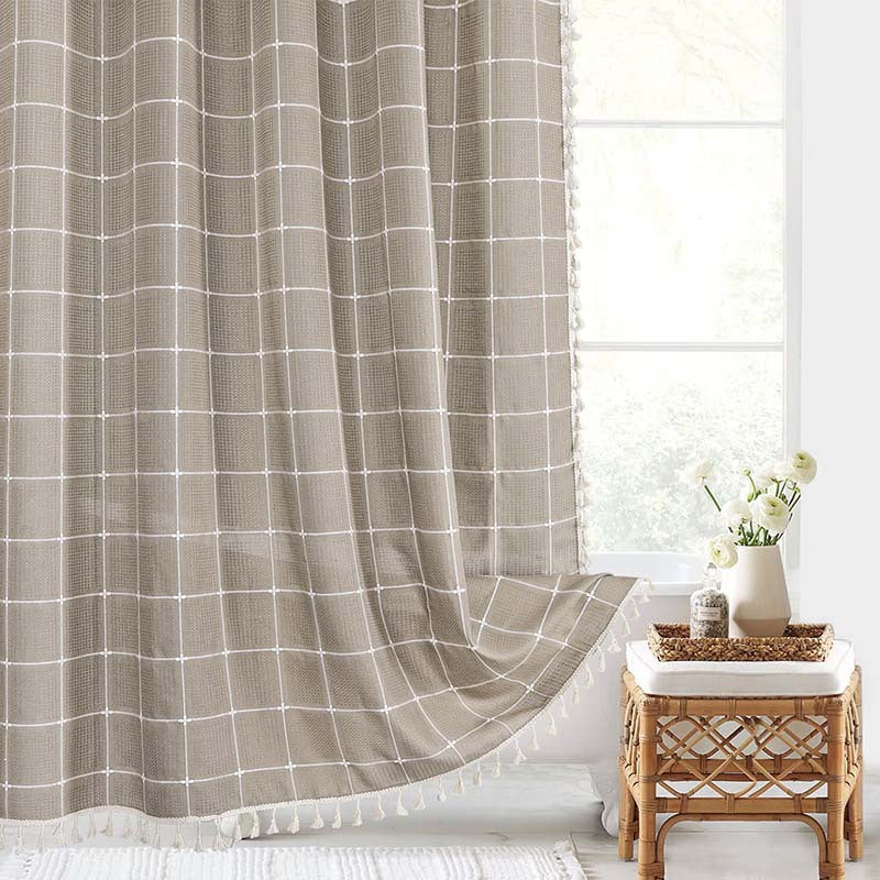 Water-Resistant Bath Curtain with Tassel Trim 71 x 79 Inches Gray Woven Linen Privacy Screen for Bohemian Bathrooms Country Style Decor Machine W