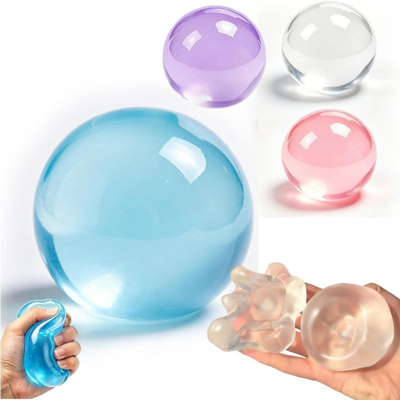 Translucent squishy stress balls being squeezed by hand