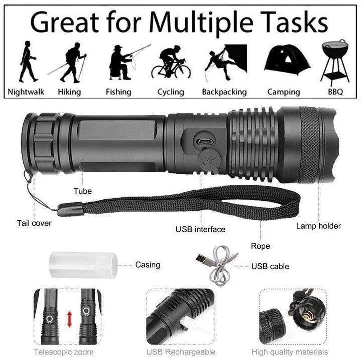 Rechargeable LED Tactical Flashlight USB Zoom Adjustable 90000 Lumen Handheld Torch for Camping Hiking Emergency