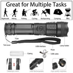 Rechargeable LED Tactical Flashlight USB Zoom Adjustable 90000 Lumen Handheld Torch for Camping Hiking Emergency