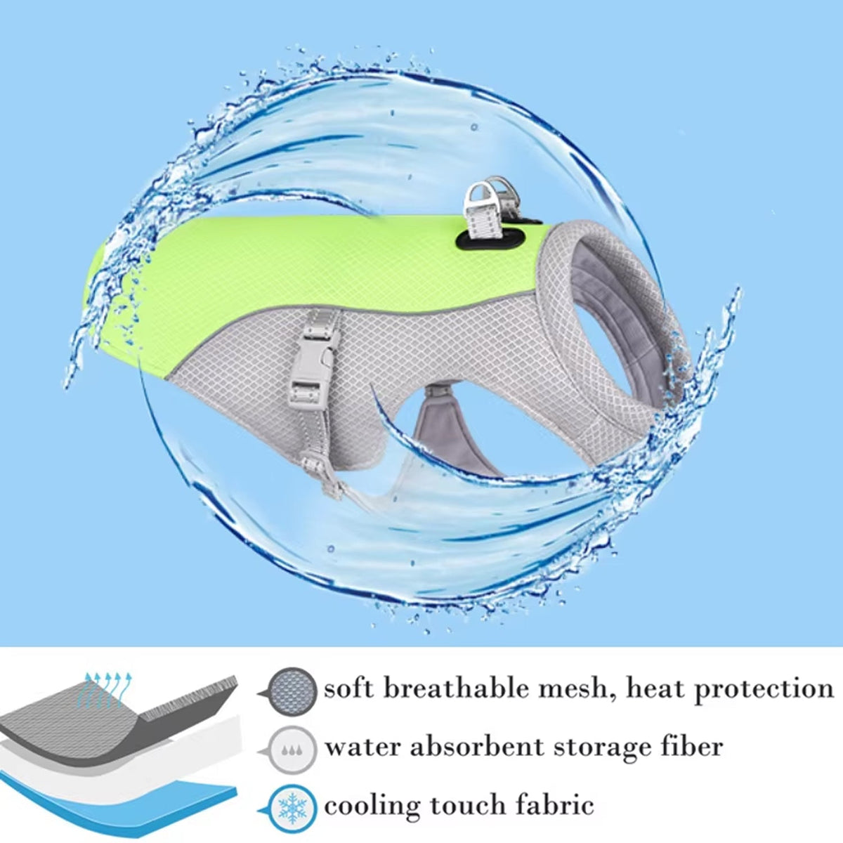 Water-Activated Dog Cooling Vest with Reflective Strips – Triple-Layer Heat Relief Harness for Summer Walks, S to 3XL