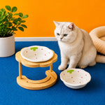 Dotisk Elevated Ceramic Pet Bowl with Wooden Stand for Cats & Small Dogs