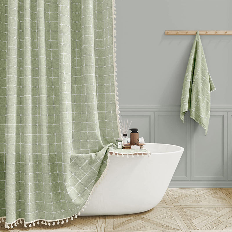 Water-Resistant Bath Curtain with Tassel Trim 71 x 79 Inches Gray Woven Linen Privacy Screen for Bohemian Bathrooms Country Style Decor Machine W