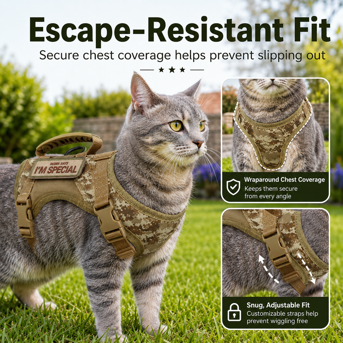 Dotisk Tactical Cat Harness with Leash for Outdoor Walks, Adjustable Escape-Resistant Vest for Cats