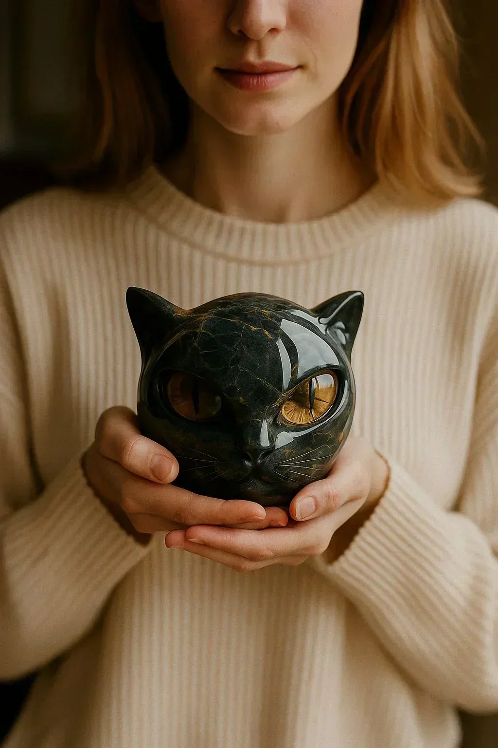 Glossy Resin Feline Figurine with Mesmerizing Gaze – Decorative Cat Statue for Desk, Shelf & Living Room Display – Modern Animal Sculpture