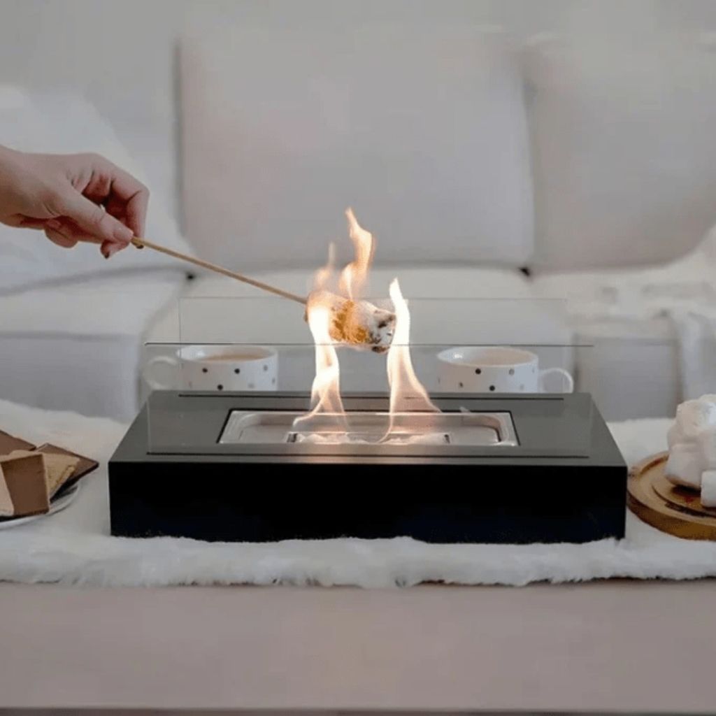 Portable Tabletop Fireplace Real Flame Bio Ethanol Burner for Indoor Outdoor Patio Living Room Rectangle Glass Steel Fire Pit Centerpiece