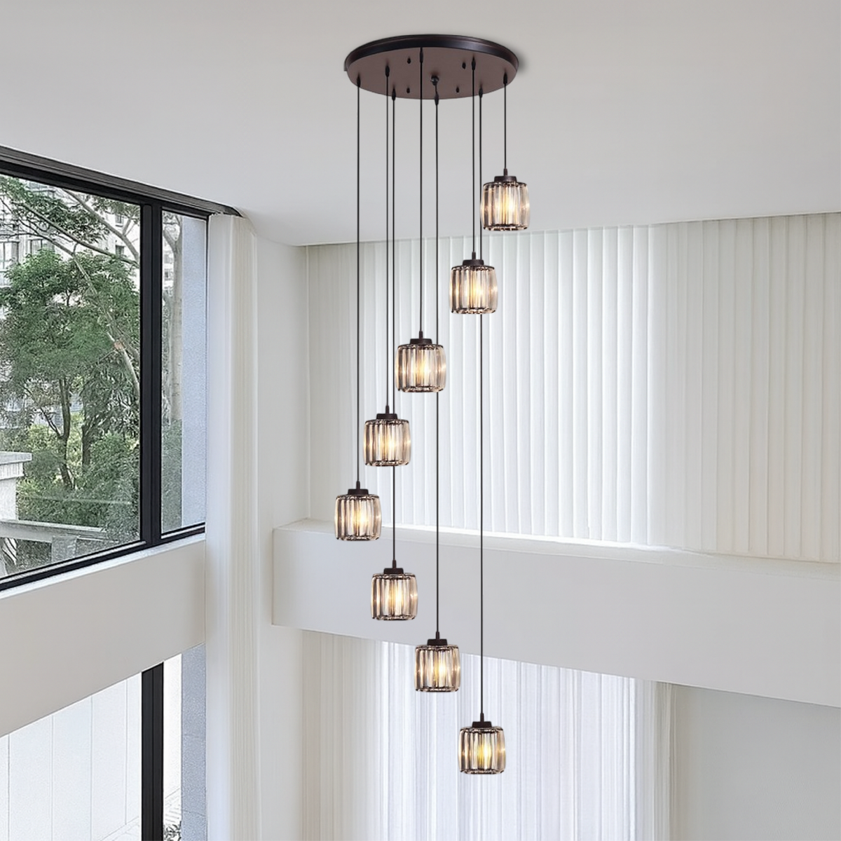 Multi-Tier Drop Chandelier for High Ceilings with Ribbed Glass Shades in Black Finish | Adjustable Vertical Lighting for Staircases, Foyers