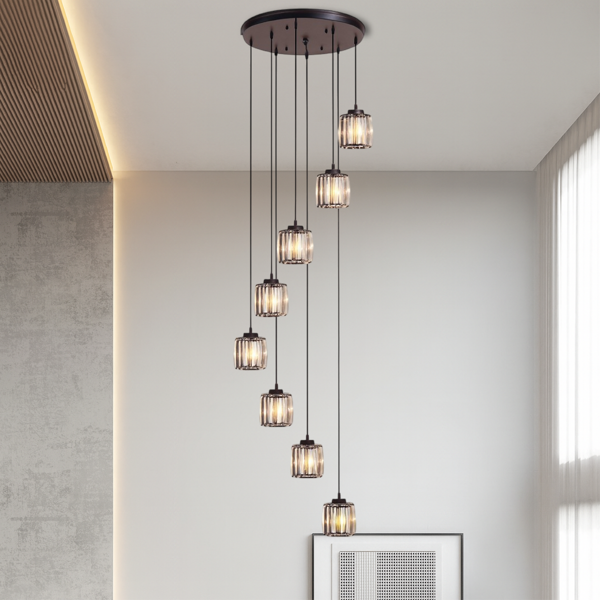 Multi-Tier Drop Chandelier for High Ceilings with Ribbed Glass Shades in Black Finish | Adjustable Vertical Lighting for Staircases, Foyers