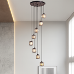 Multi-Tier Drop Chandelier for High Ceilings with Ribbed Glass Shades in Black Finish | Adjustable Vertical Lighting for Staircases, Foyers