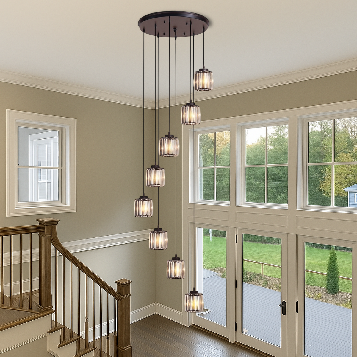 Multi-Tier Drop Chandelier for High Ceilings with Ribbed Glass Shades in Black Finish | Adjustable Vertical Lighting for Staircases, Foyers