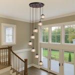 Multi-Tier Drop Chandelier for High Ceilings with Ribbed Glass Shades in Black Finish | Adjustable Vertical Lighting for Staircases, Foyers